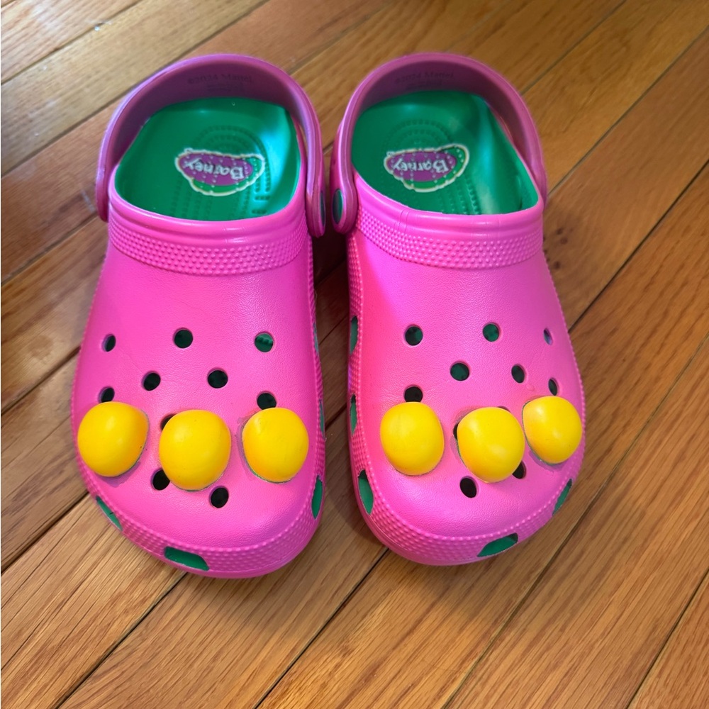 Barney themed crocs